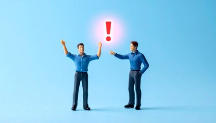Miniature Business Figures with Glowing Red Exclamation Mark on a Blue Background Representing Warning, Idea, or Conflict Resolution