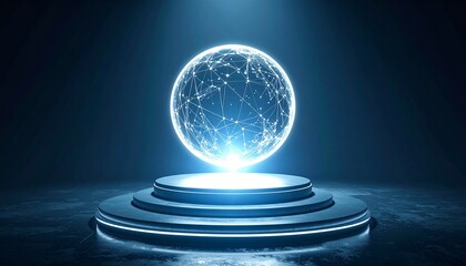 Glowing Neural Network Sphere Floating Above Circular Podium in Dark Studio for Global Connectivity and Big Data Artificial Intelligence Concept