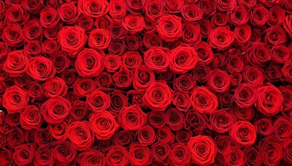 Dense Top-Down Background of Vibrant Red Roses in Full Bloom for Romantic, Valentine&rsquo;s Day, and Floral Anniversary Concept