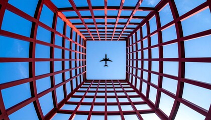 Low-Angle Upward View of a Commercial Airplane Flying Over a Red Symmetrical Grid Structure Against a Bright Blue Cloudy Sky