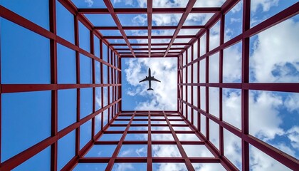 Low-Angle Upward View of a Commercial Airplane Flying Over a Red Symmetrical Grid Structure Against a Bright Blue Cloudy Sky