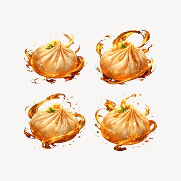 Artistic dumplings with swirling sauce.