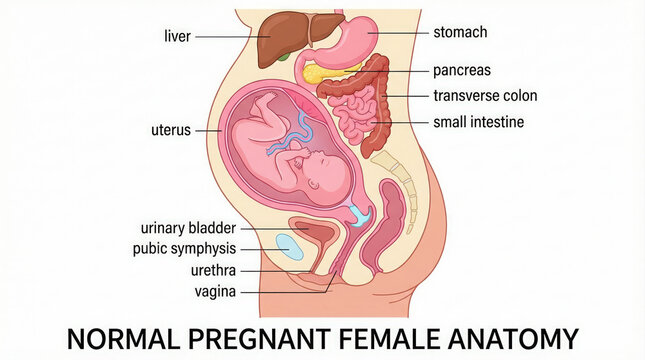 Normal pregnant female anatomy showing fetus in uterus and labeled