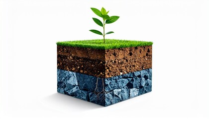 3D Cross-Section of Soil Layers with Green Plant Sprout and Grass Surface Representing Growth, Ecology, and Earth Sciences