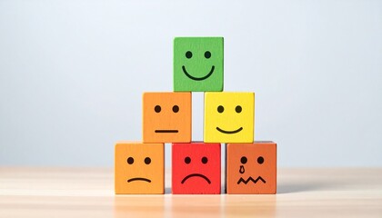 Pyramid Stack of Colorful Wooden Blocks with Smiley Faces Representing Customer Satisfaction, Feedback, and Emotional Intelligence