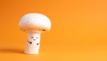 Cute White Mushroom Character with a Happy Face and Waving Arms on a Solid Orange Background for Playful Food and Nature Concept