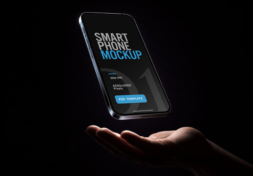 Floating Smartphone Mockup Above Hand on Dark Background for Design and Branding Projects