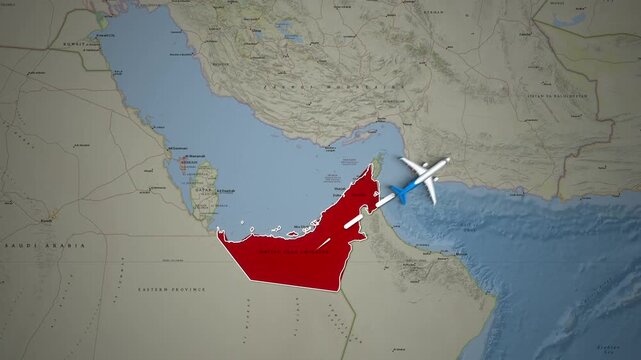 Travel Map Animation showing Commercial Flight Route between Dubai and New Delhi