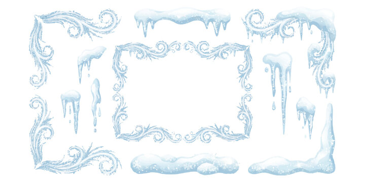 Decorative set of winter ice and snow frame borders with icicles vector illustration