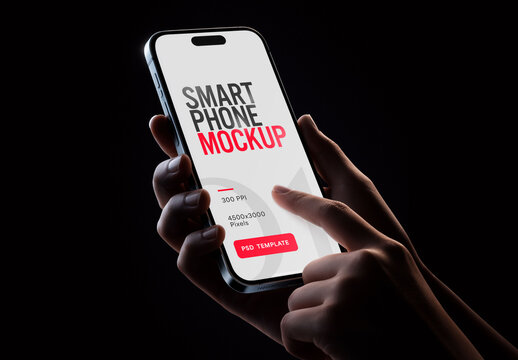Realistic Smartphone Mockup with Touch Interaction in Dark Studio Lighting