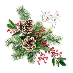 Fototapeta premium Christmas wreath with pine cones, holly berries, and evergreen branches.