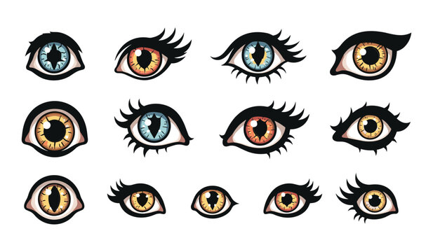 Assortment of Stylized Fantasy Eyes with Colorful Irises and Long Eyelashes vector illustration