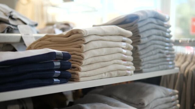 This closeup showcases neatly stacked sweaters in a soft color palette of blues and neutrals, emphasizing tidiness, product variety, and inviting texture. 
