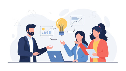 Business Team Brainstorming New Ideas with Lightbulb and Charts