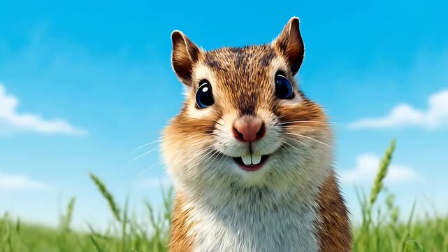 Close-up of a chipmunk in a green field on a sunny day with a blue sky