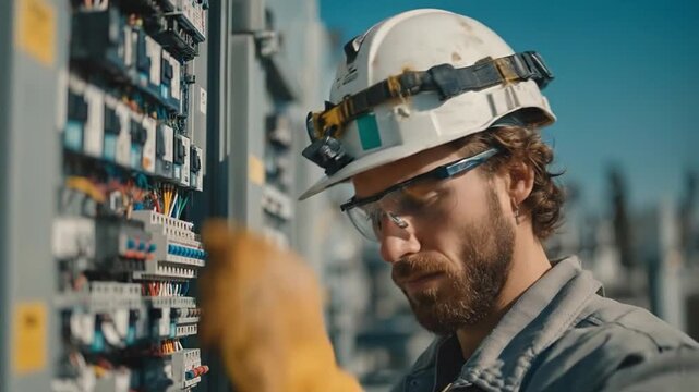 Skilled technician, clad in safety gear, meticulously examines intricate electrical panels at a state-of-the-art facility, representing the core of modern infrastructure.