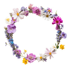 A round floral arrangement with a white background.