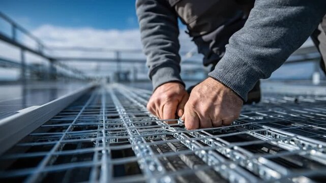 Skilled worker meticulously secures a metal grid, embodying precision and dedication in their hands-on work.