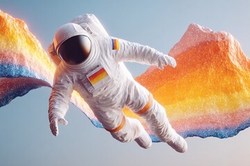 Astronaut floats in space with colorful mountains under bright light during an imaginative scene