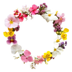 A colorful floral wreath with pink, white, and yellow flowers on a white background.