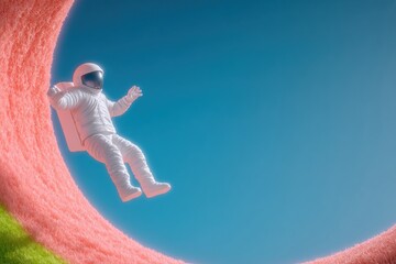 Astronaut floats in the air near a bright pink wave in a blue sky with green grass below at a creative scene