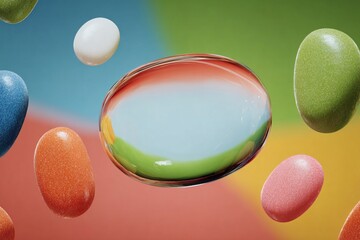 Colorful candy-like objects float against a bright backdrop with different shapes and forms in various colors