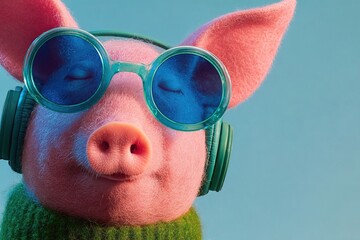 Pig with headphones and sunglasses enjoys music in a colorful setting at a playful studio