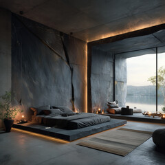 Modern minimalist bedroom retreat with lake view serenity, dark, industrial view 