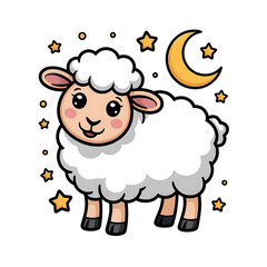 Obraz premium Cartoon sheep standing under stars and moon lamb white fluffy