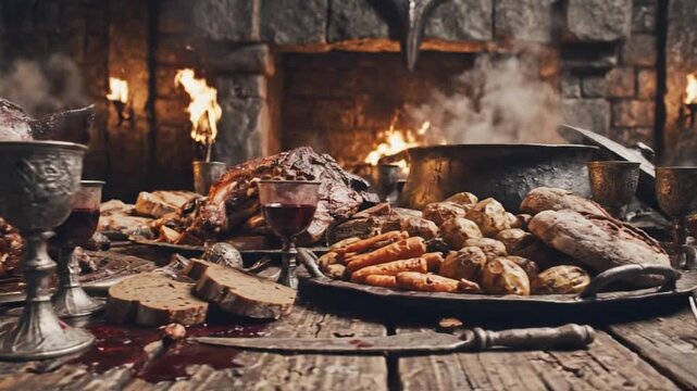 A dark, rustic table with a boar's head on it, surrounded by metal goblets and utensils, with a large pan of meat and flames burning in the background
