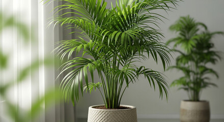Obraz premium Two green potted plants in a modern interior setting with sunlight