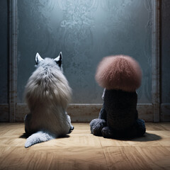 Unexpected friendship: wolf and poodle seated together