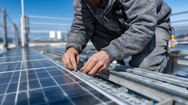  A technician meticulously installs solar panels on a rooftop, symbolizing the commitment to renewable energy and sustainable living.