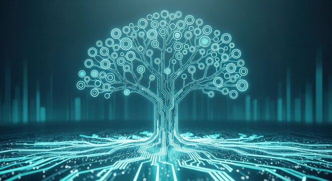 Digital circuit tree glowing blue technology art for ai innovation background website