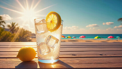 Naklejka premium Glass of lemonade with ice cubes and lemon slice on wooden table by tropical beach at sunset