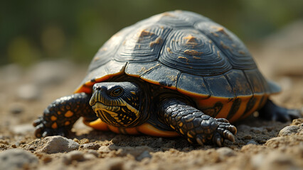 Fototapeta premium Turtle shell patterns in detail. Ultra realistic turtle basking photography. Capturing turtle shell textures outdoors. Nature-inspired turtle art and design.