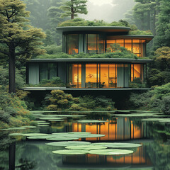 Contemporary glass house surrounded by dense forest and reflected in a calm pond with lily pads. Warm interior lights contrast with green nature, showcasing sustainable architecture and serene living