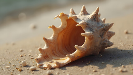 Fototapeta premium Ultra realistic broken seashell. Jagged edges of seashell close-up. High-resolution images of seashell textures. Capturing nature's intricate details in seashells.