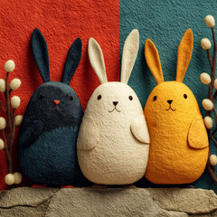 Colorful felt bunnies in cute harmonious trio