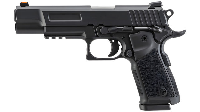 Black 1911 style semi automatic pistol with rail orange front sight textured grips side view on a transparent background