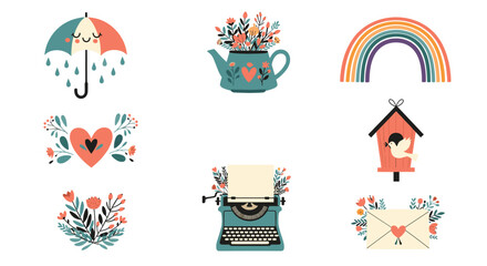 Charming collection of romantic and spring-themed icons like a typewriter, rainbow, love letter, and birdhouse.
