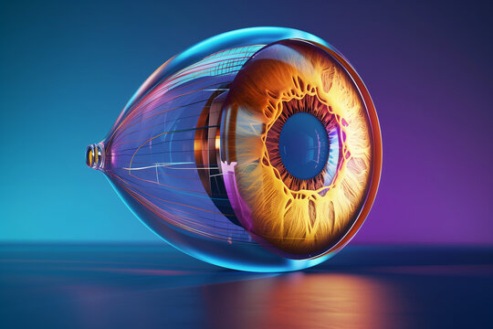 Realistic human eye hologram, cross-sectional cut, side view. Healthcare concept, vision, catheract, ostegmatism, laser eye surgery. 3D illustration, 3D render