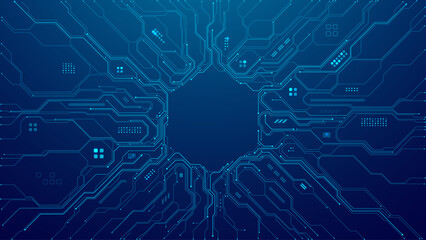 Obraz premium Digital circuit board background with glowing blue data patterns and tech lines creating futuristic abstract design for AI hexagon semiconductor technology concepts. Digital blue technology background