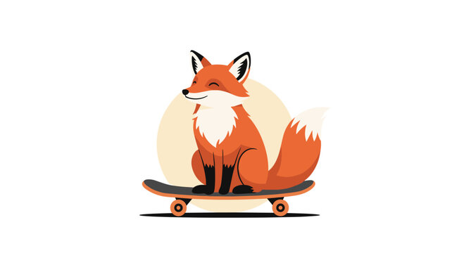 A cool and happy red fox character smiles while sitting on a skateboard against a circular background, isolated on white.