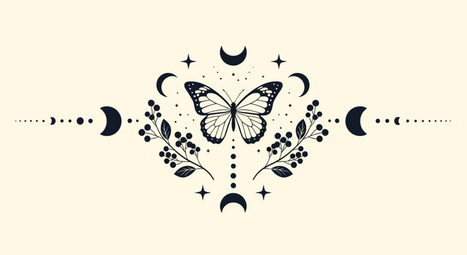 Mystical and celestial design with a central butterfly, surrounded by moon phases, stars, and botanical berry branches.