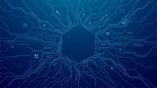 Digital circuit board background with glowing blue data patterns and tech lines creating futuristic abstract design for AI hexagon semiconductor technology concepts. Digital blue technology background