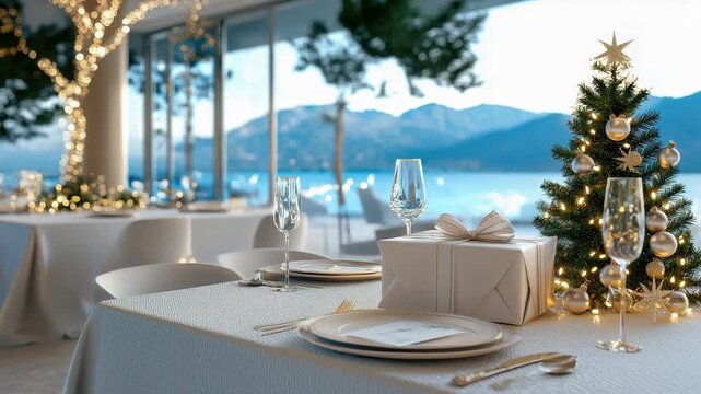 Elegant festive decorated Christmas table with gift box, tree, holiday celebration, sparkling lights, luxury winter atmosphere, and romantic mountain