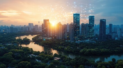 Naklejka premium Sunset Over Cityscape with Modern Skyscrapers and Digital Connections in the Skyline Amidst a Scenic River and Lush Greenery