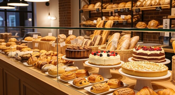 Bakery counter with bread and cakes behind glass