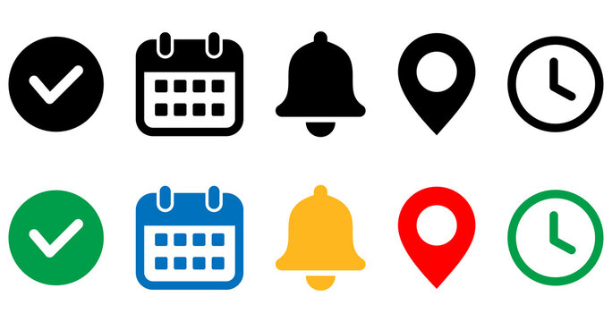 Location time calendar and notification bell icons set flat vector Flat design user interface icon bundle for apps